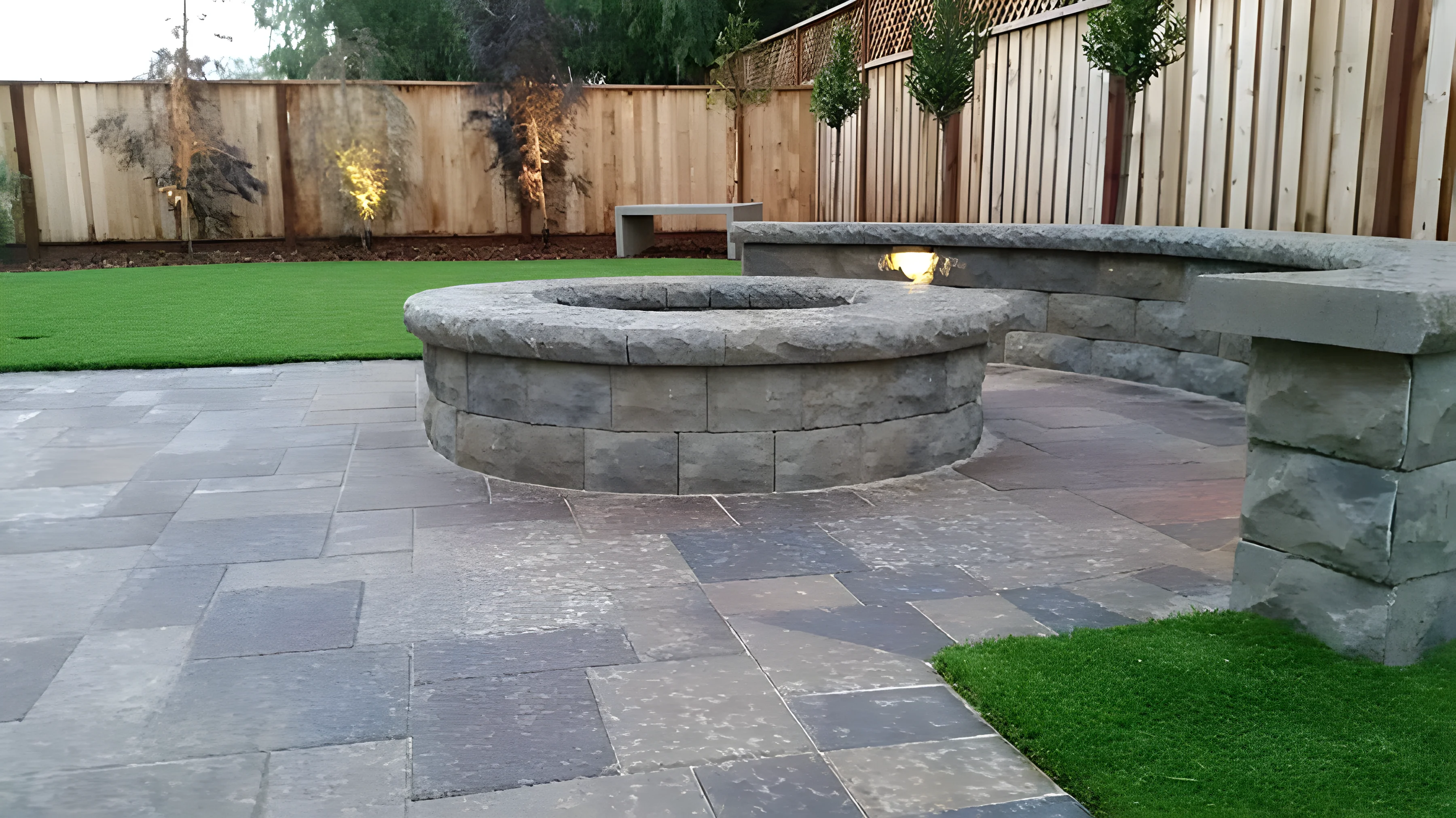 Outdoor paver fireplace and seating area