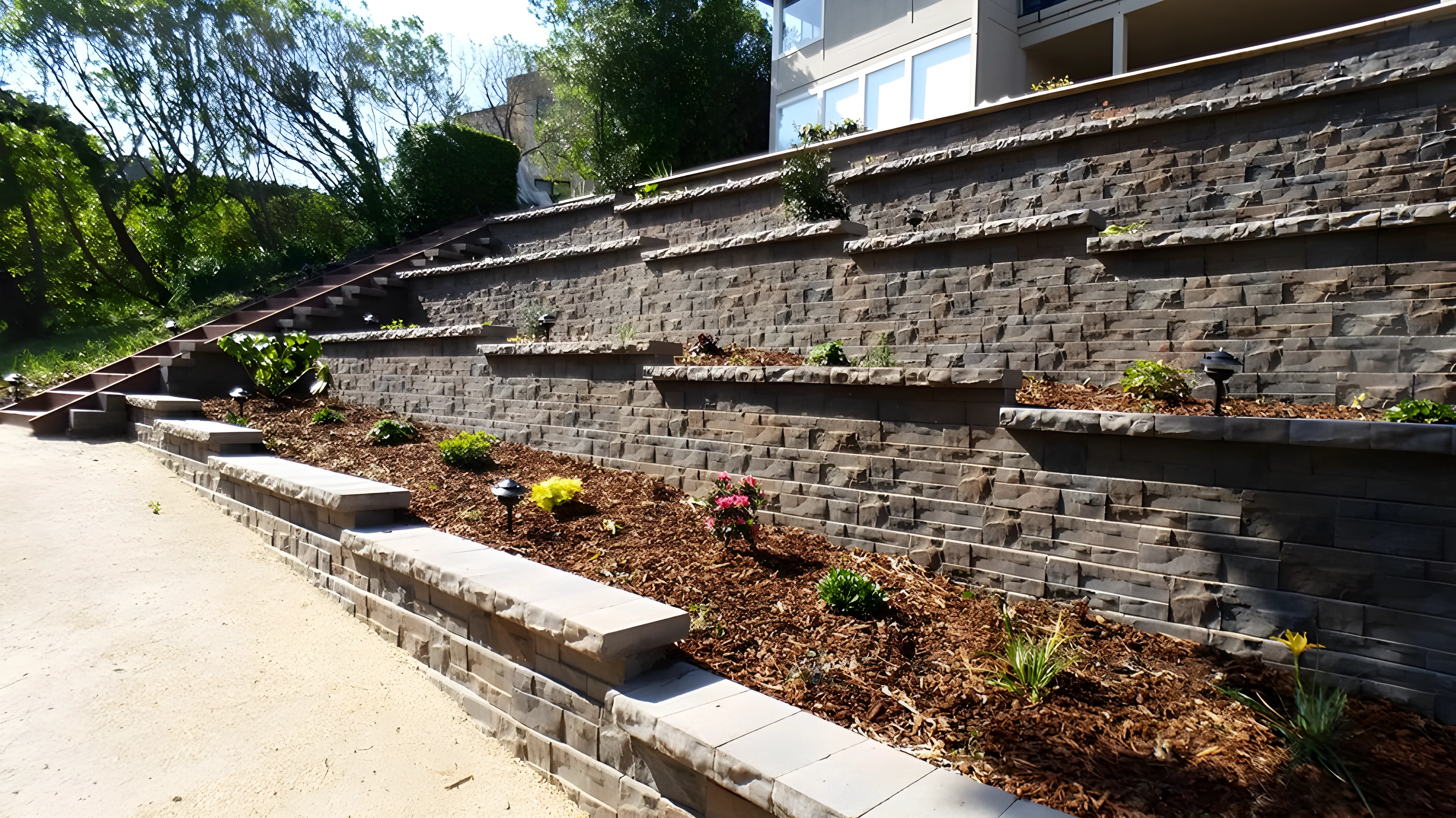 Tiered retaining wall with full landscape design by Black Diamond