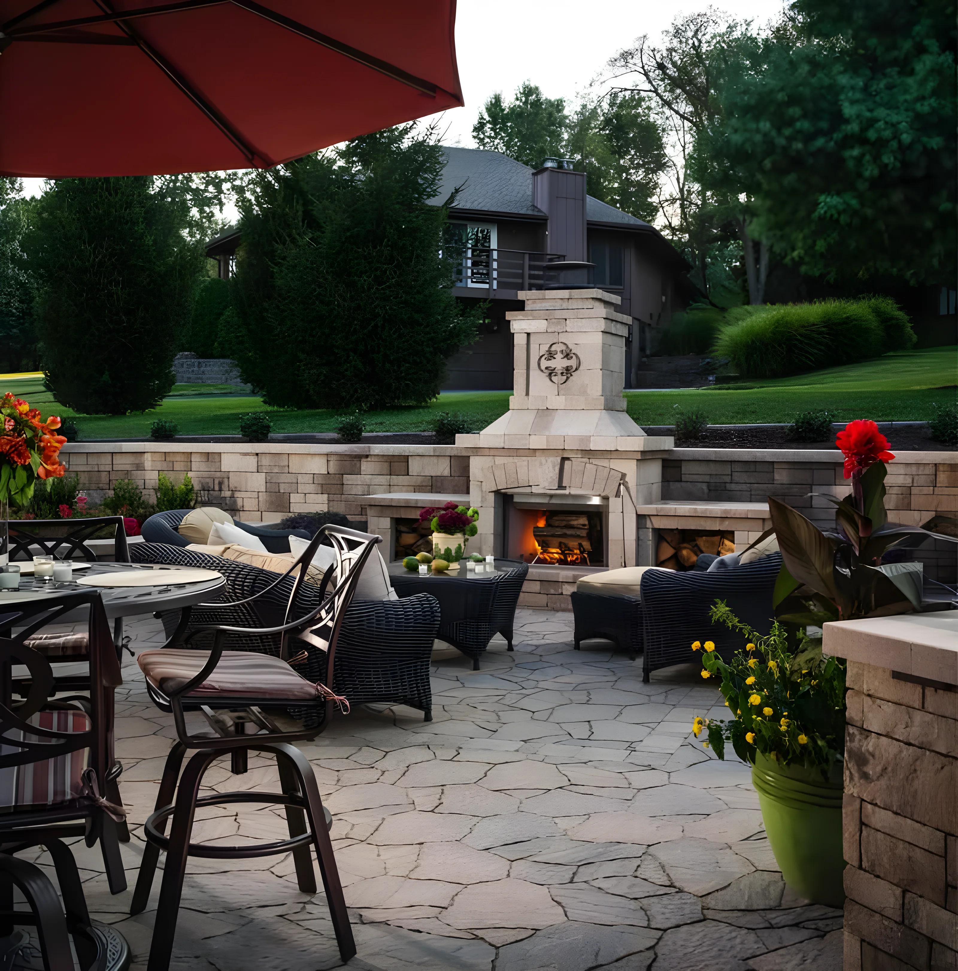 Patio with fireplace and Mega Arbel pavers