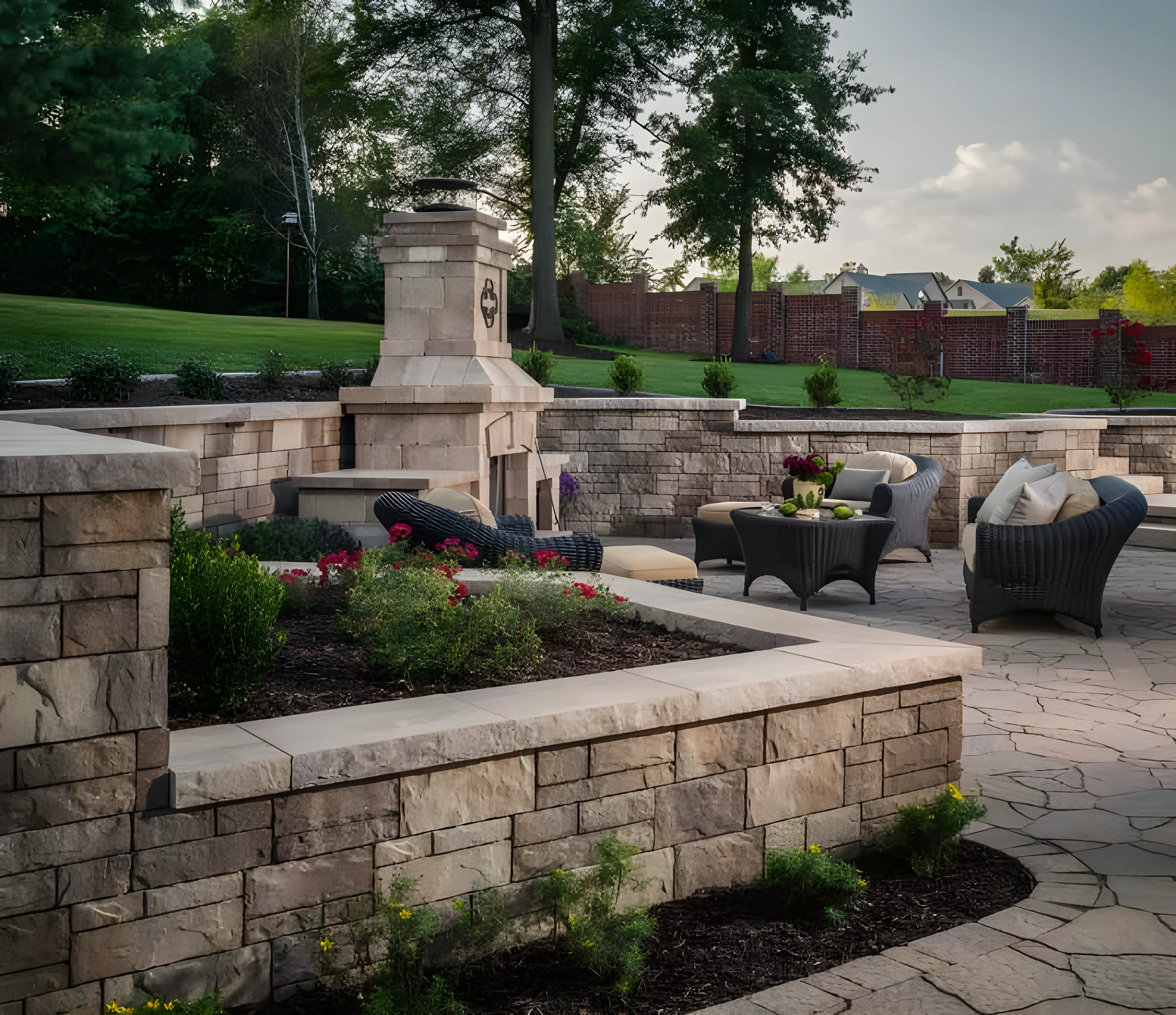 Patio with fireplace and Mega Arbel pavers