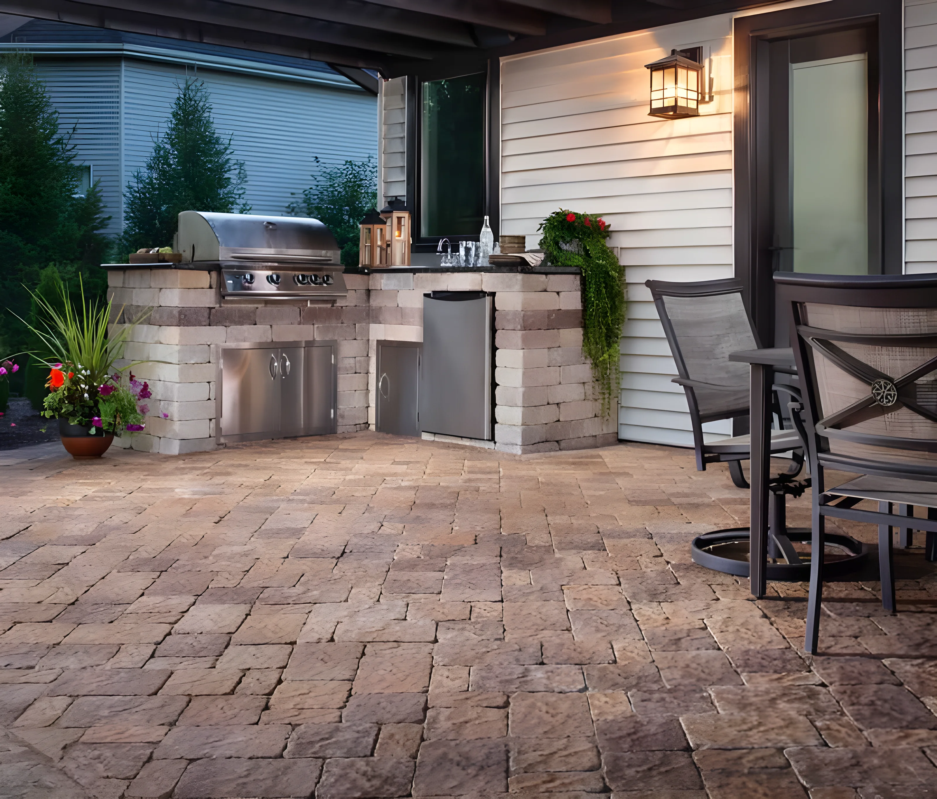 Outdoor kitchen and patio with Bergerac pavers