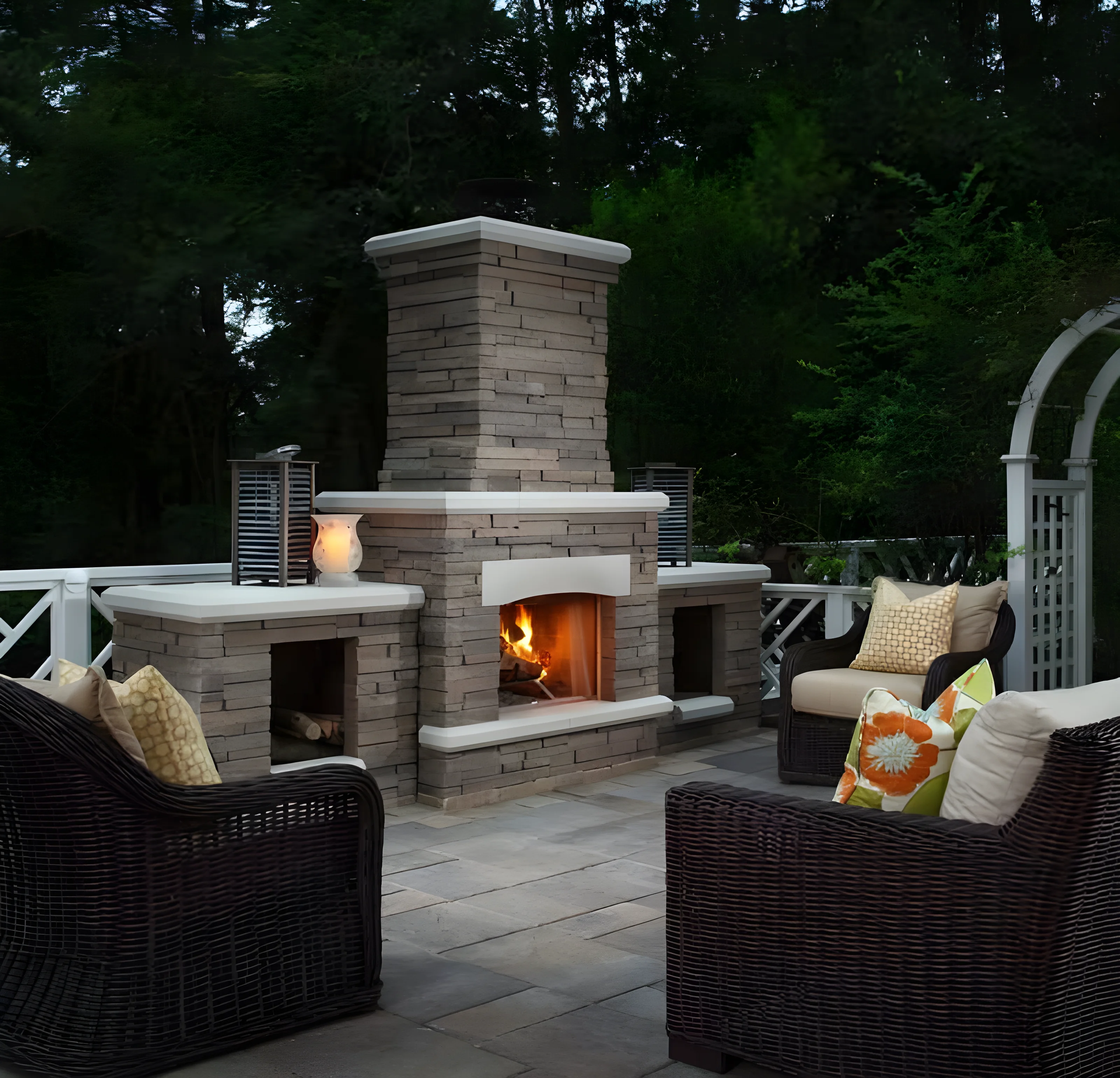Patio with fireplace and Lafitt Rustic Slab pavers